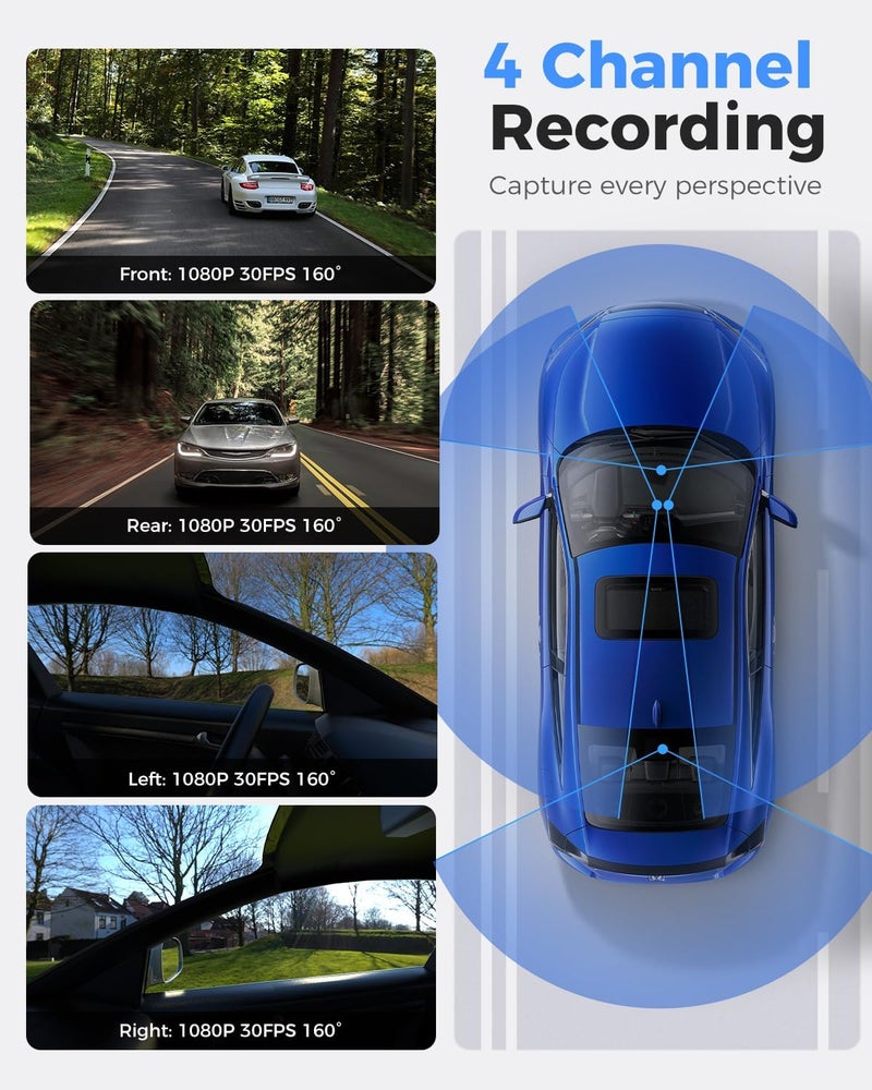 ZMOPO 360 View 4 Channel Dash Cam Front and Rear Left Right Inside Camera for Cars, GPS and 5G Band WiFi, Night Vision, 160 Wide Angle, WDR, 24H Parking Mode, Supercapacitor, Included 128GB Card - Image 2